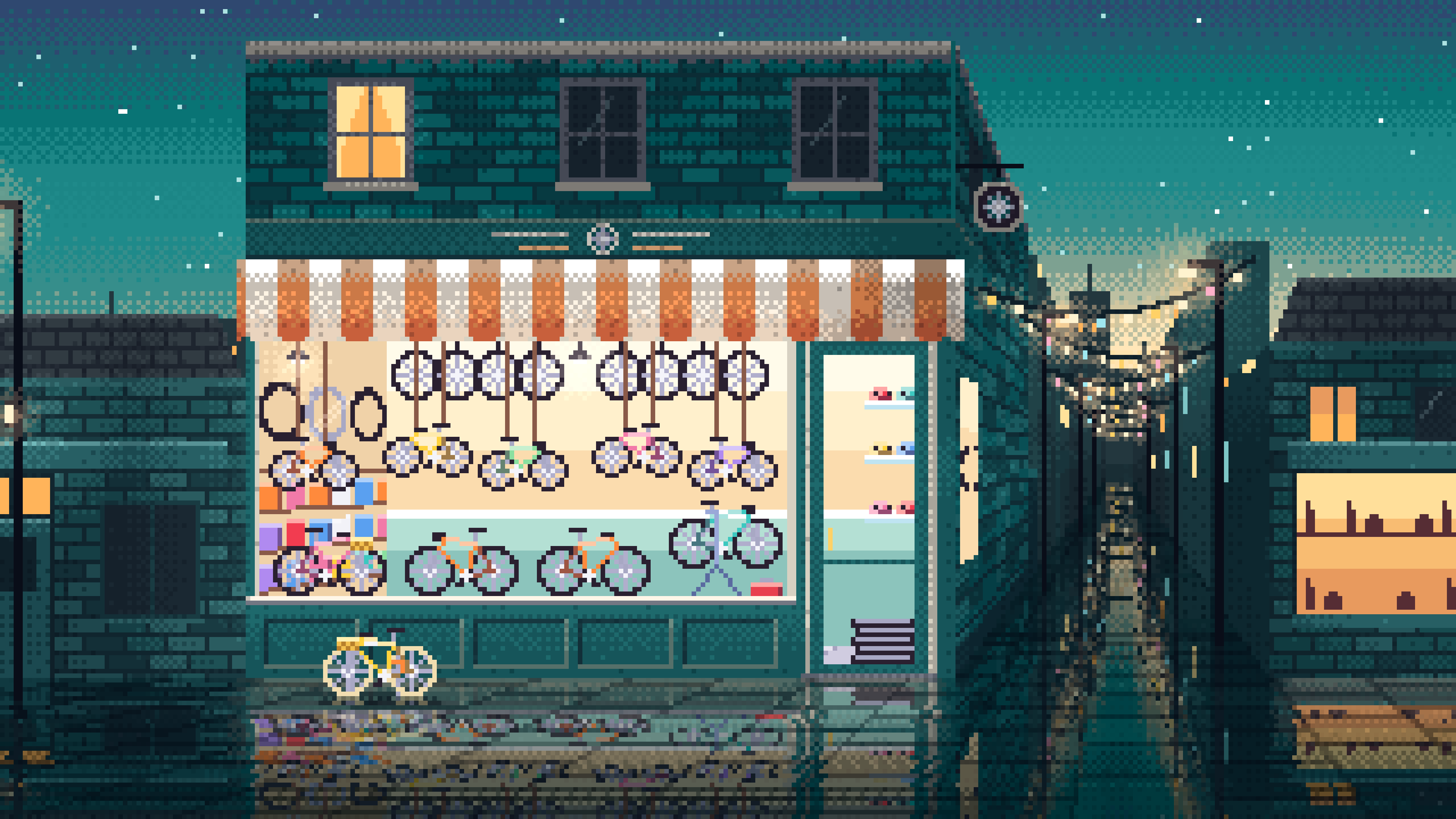 Teal Pixel Art Bicycle Shop desktop wallpaper in 4K