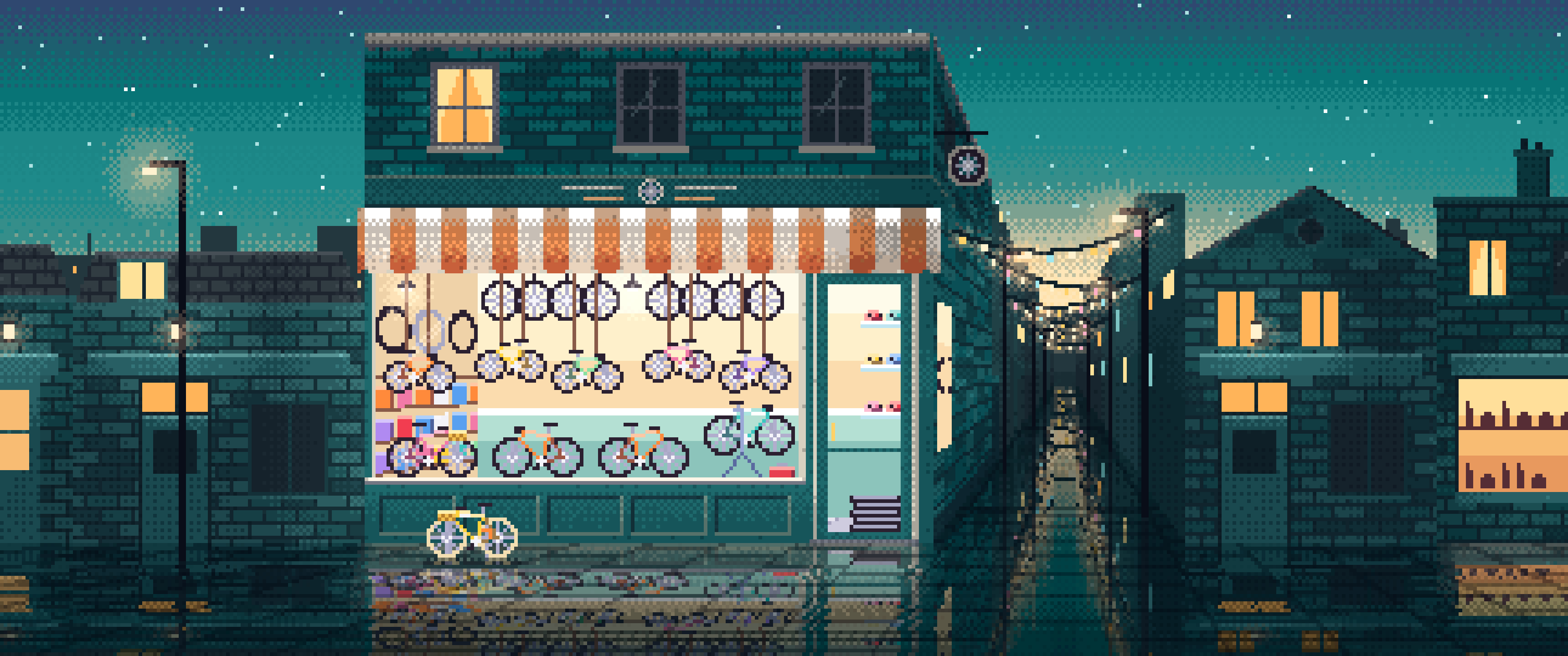 Teal Pixel Art Bicycle Shop ultrawide wallpaper, 3440 × 1440