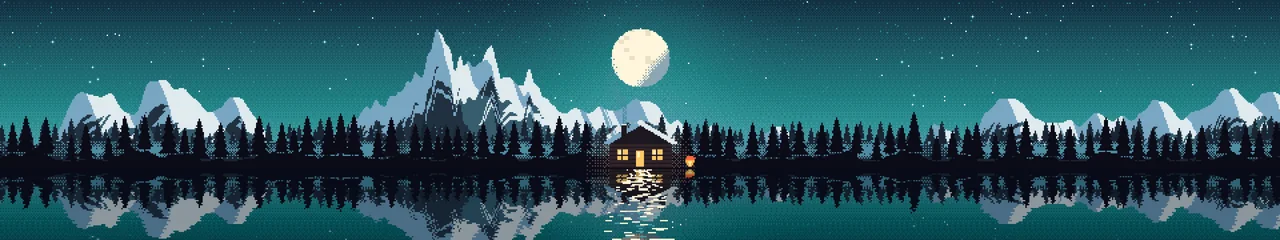 Teal Pixel Art Cabin triple monitor wallpaper, 7680 × 1440