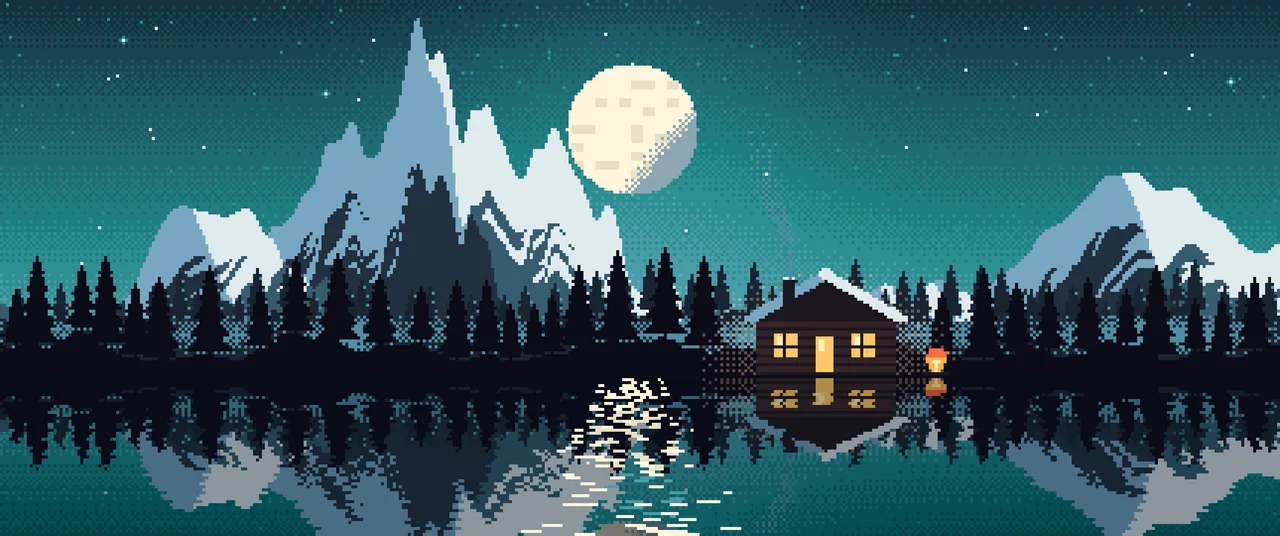Teal Pixel Art Cabin ultrawide wallpaper, 3440 × 1440