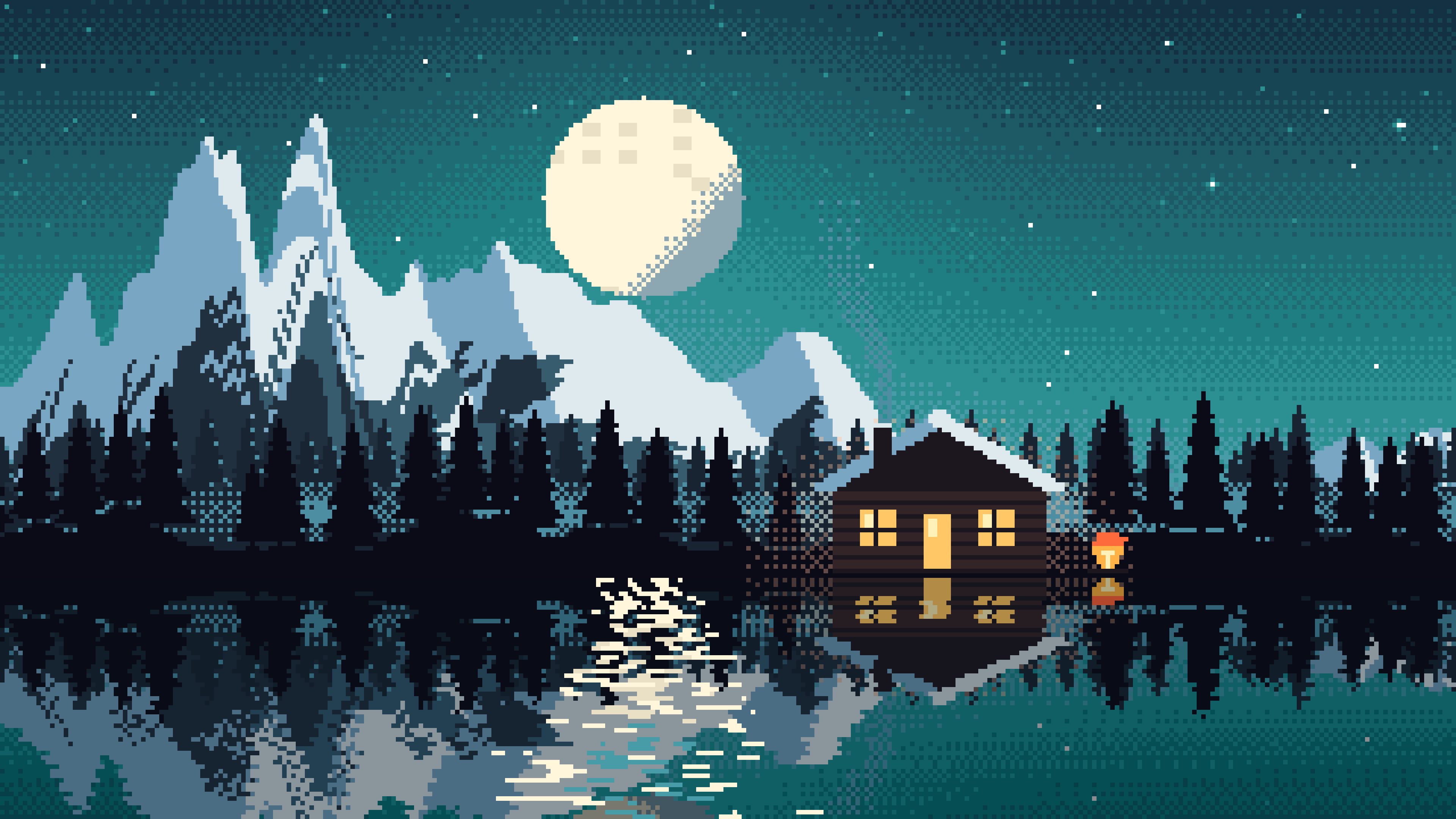 Teal Pixel Art Cabin desktop wallpaper in 4K