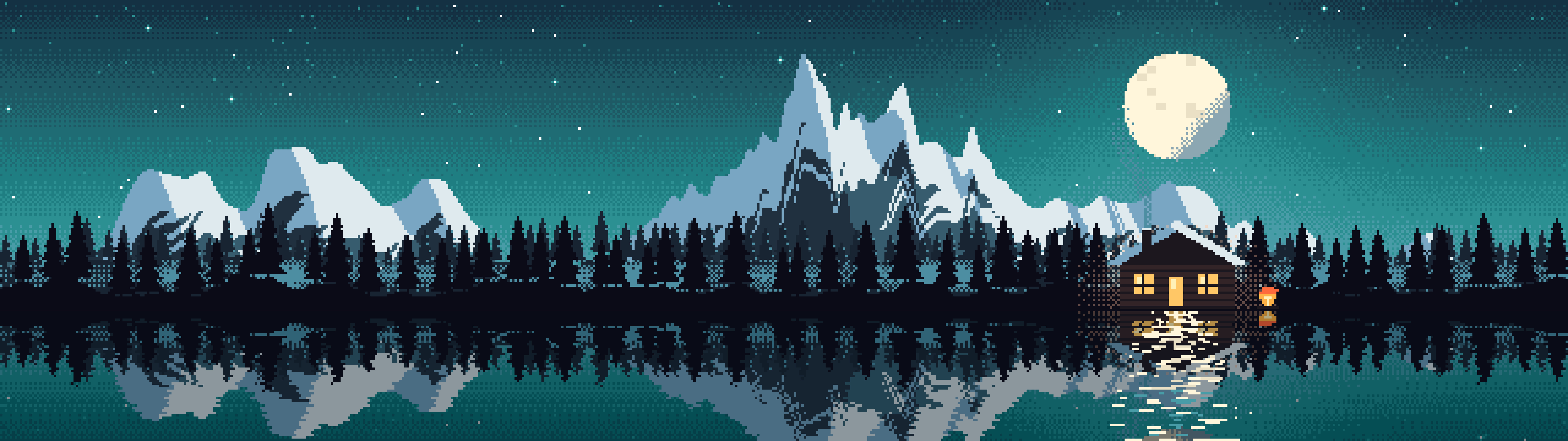 Teal Pixel Art Cabin dual monitor wallpaper, 7680 × 2160