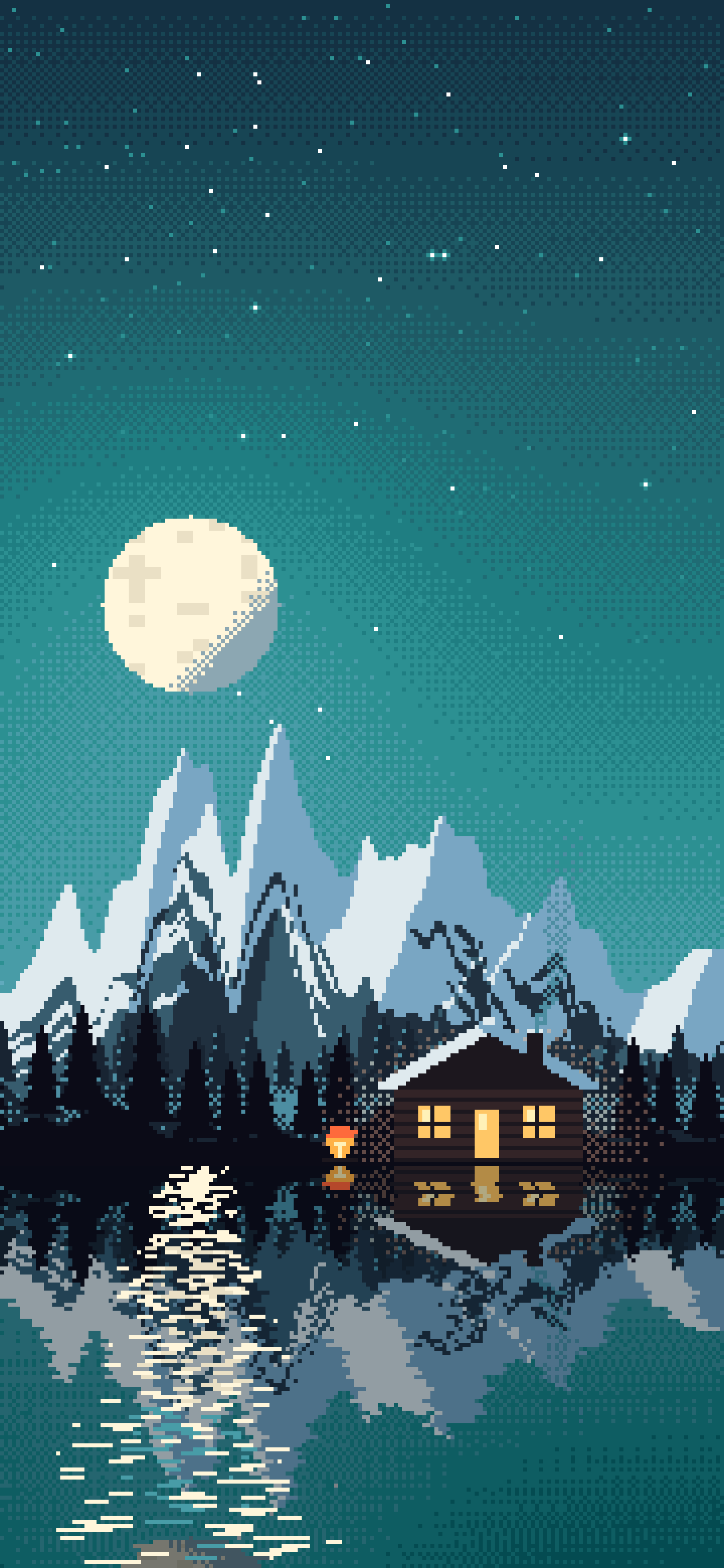 Teal Pixel Art Cabin wallpaper for iPhone and Android