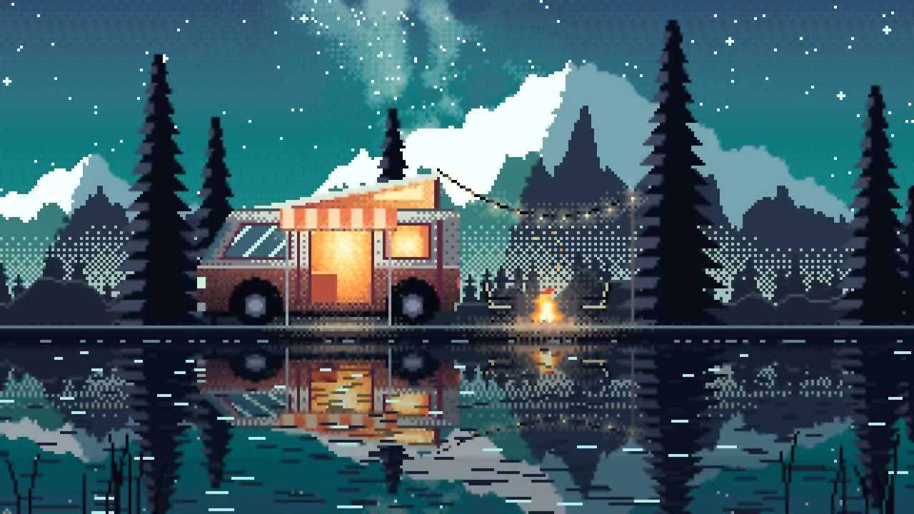 Teal Pixel Art Camper Van Camping by a Lake at Night desktop wallpaper in 4K