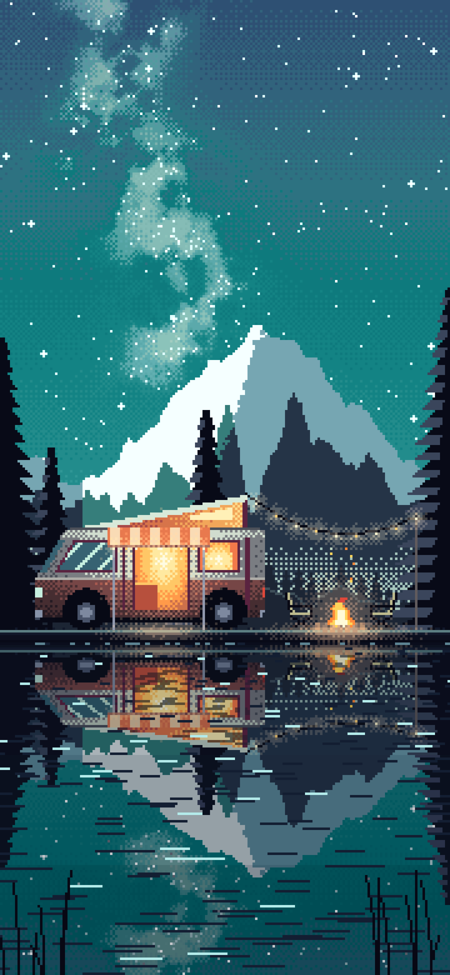Teal Pixel Art Camper Van Camping by a Lake at Night wallpaper for iPhone and Android