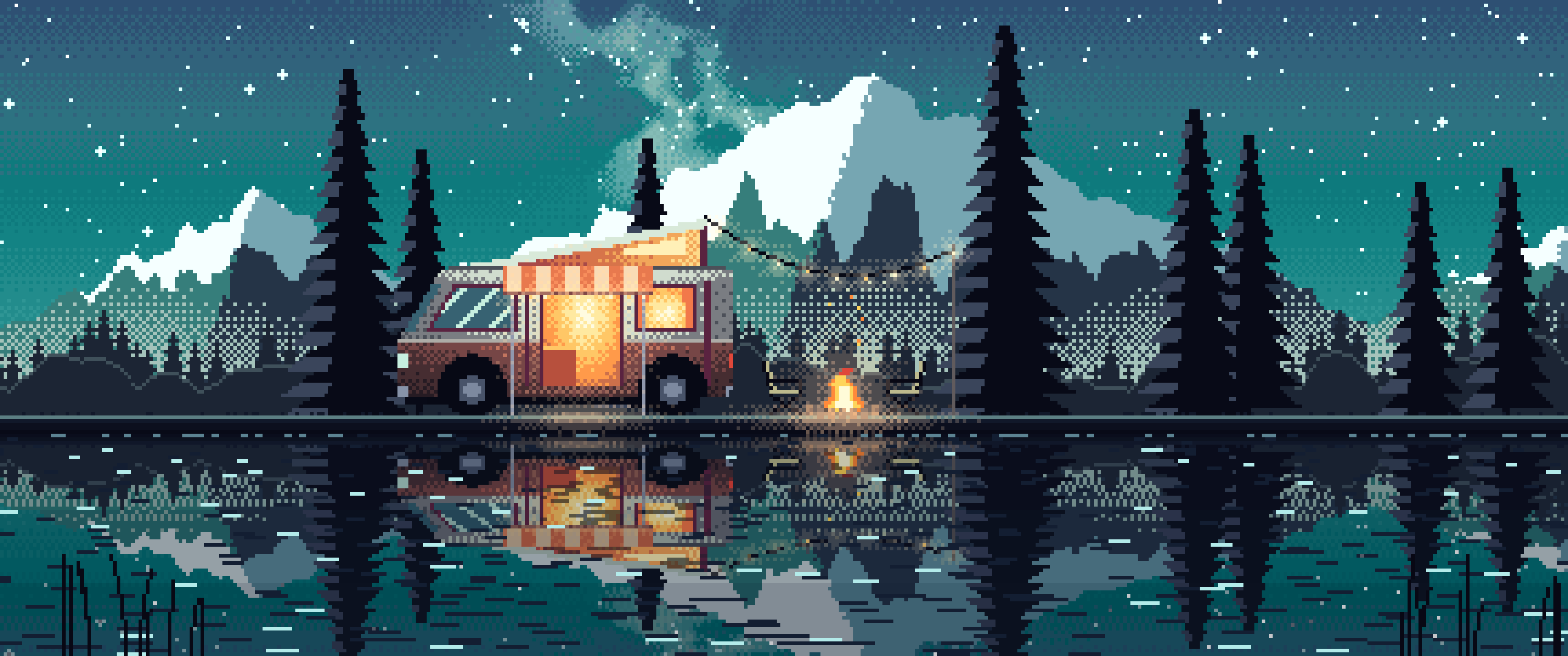 Teal Pixel Art Camper Van Camping by a Lake at Night ultrawide wallpaper, 3440 × 1440