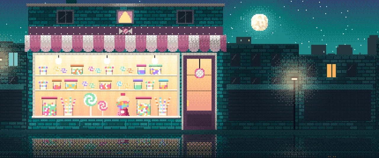 Teal Pixel Art Candy Shop ultrawide wallpaper, 3440 × 1440