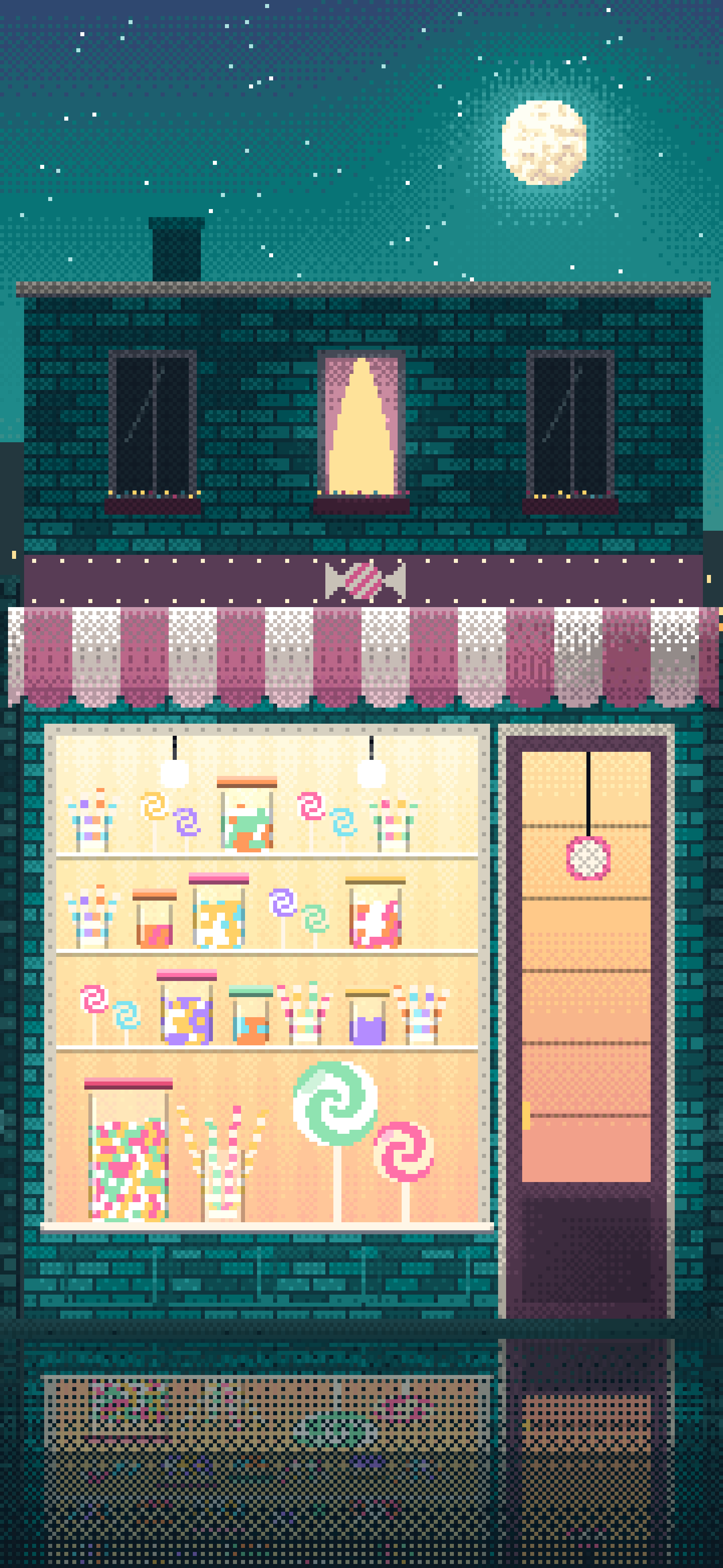 Teal Pixel Art Candy Shop wallpaper for iPhone and Android