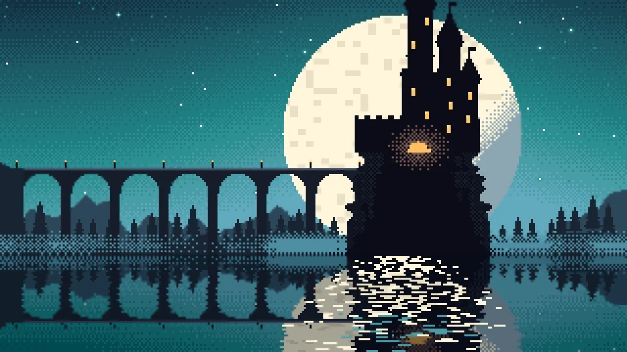 Teal Pixel Art Castle desktop wallpaper in 4K
