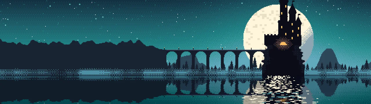 Teal Pixel Art Castle dual monitor wallpaper, 7680 × 2160
