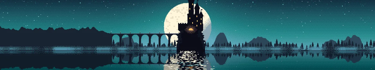 Teal Pixel Art Castle triple monitor wallpaper, 7680 × 1440