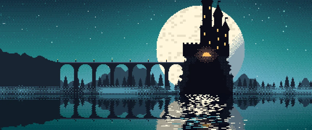 Teal Pixel Art Castle ultrawide wallpaper, 3440 × 1440
