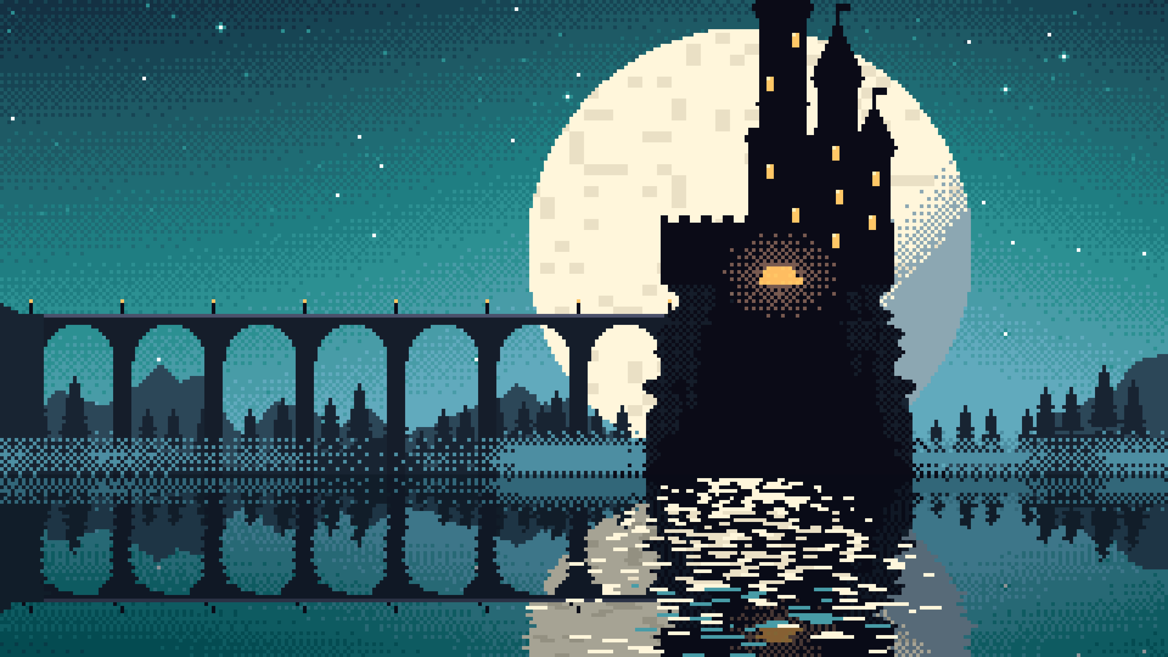 Teal Pixel Art Castle desktop wallpaper in 4K