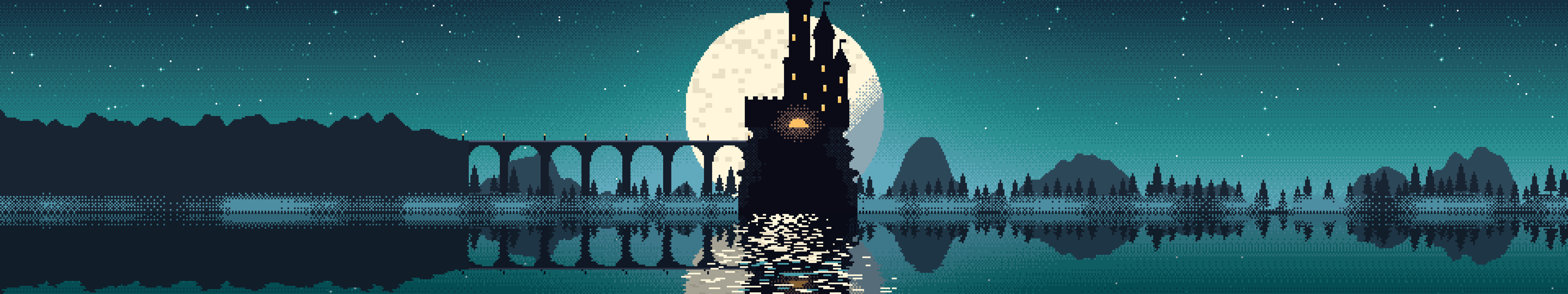 Teal Pixel Art Castle triple monitor wallpaper, 7680 × 1440