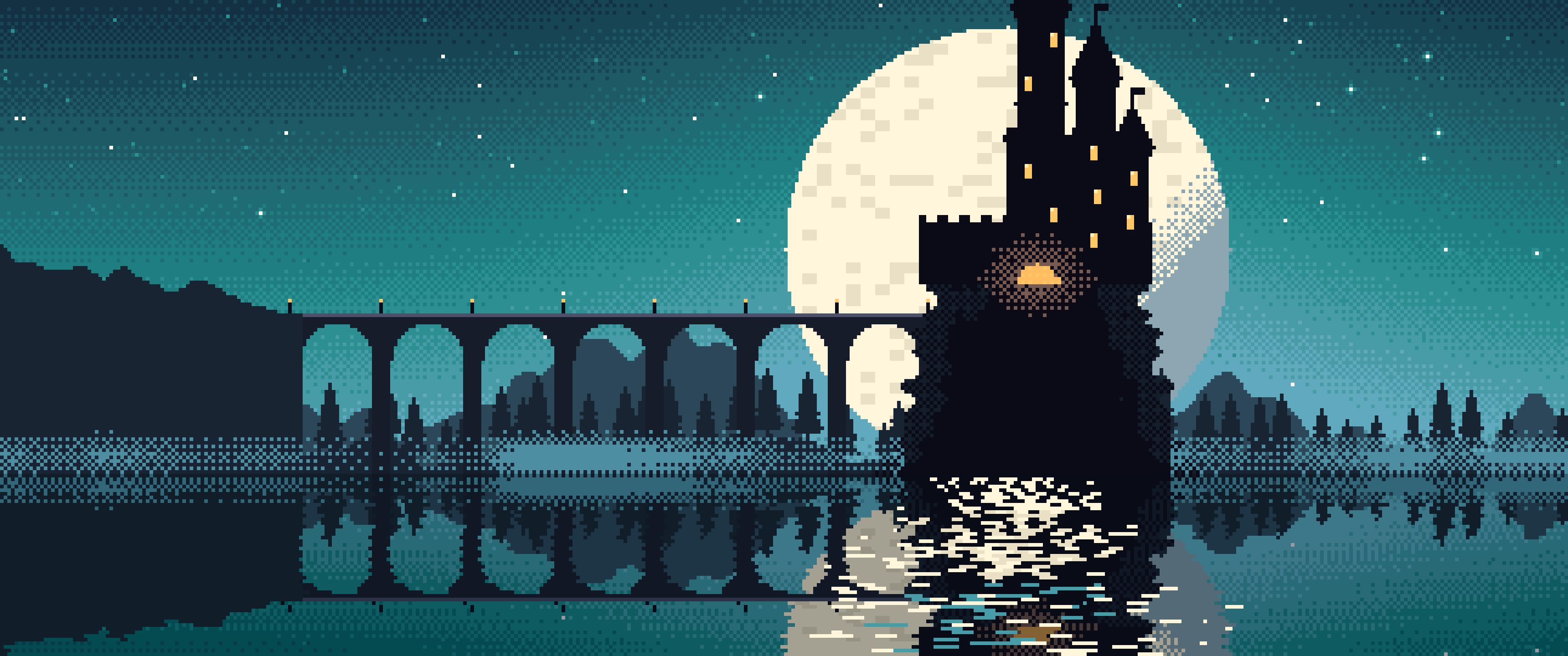 Teal Pixel Art Castle ultrawide wallpaper, 3440 × 1440