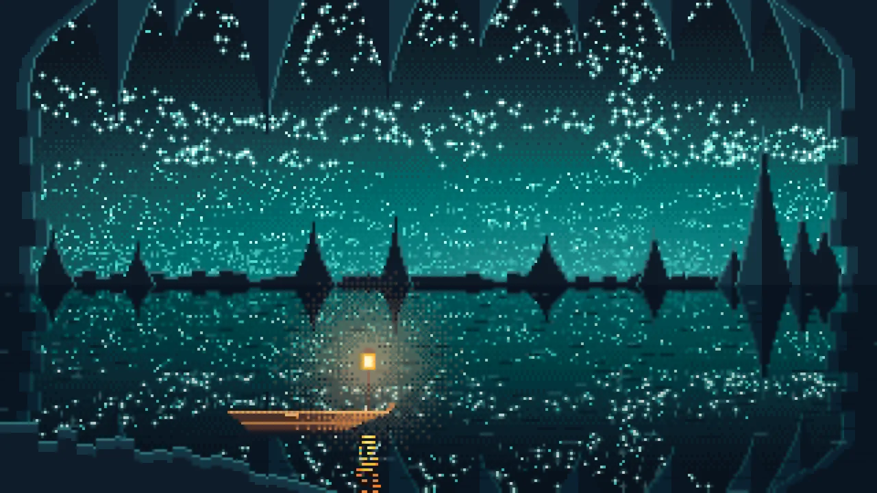 Teal Pixel Art Cave Lake desktop wallpaper in 4K