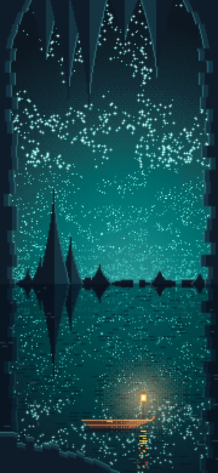 Teal Pixel Art Cave Lake wallpaper for iPhone and Android