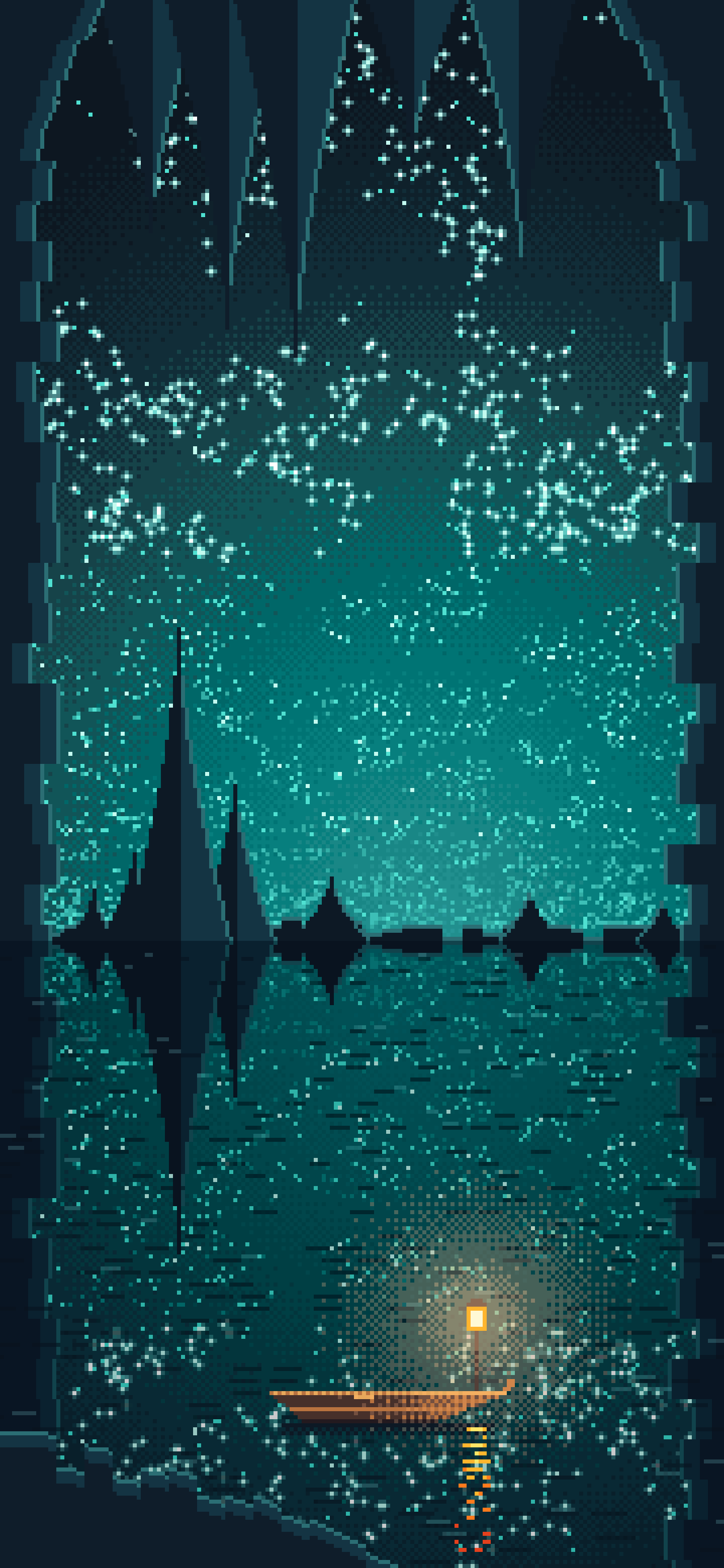 Teal Pixel Art Cave Lake wallpaper for iPhone and Android