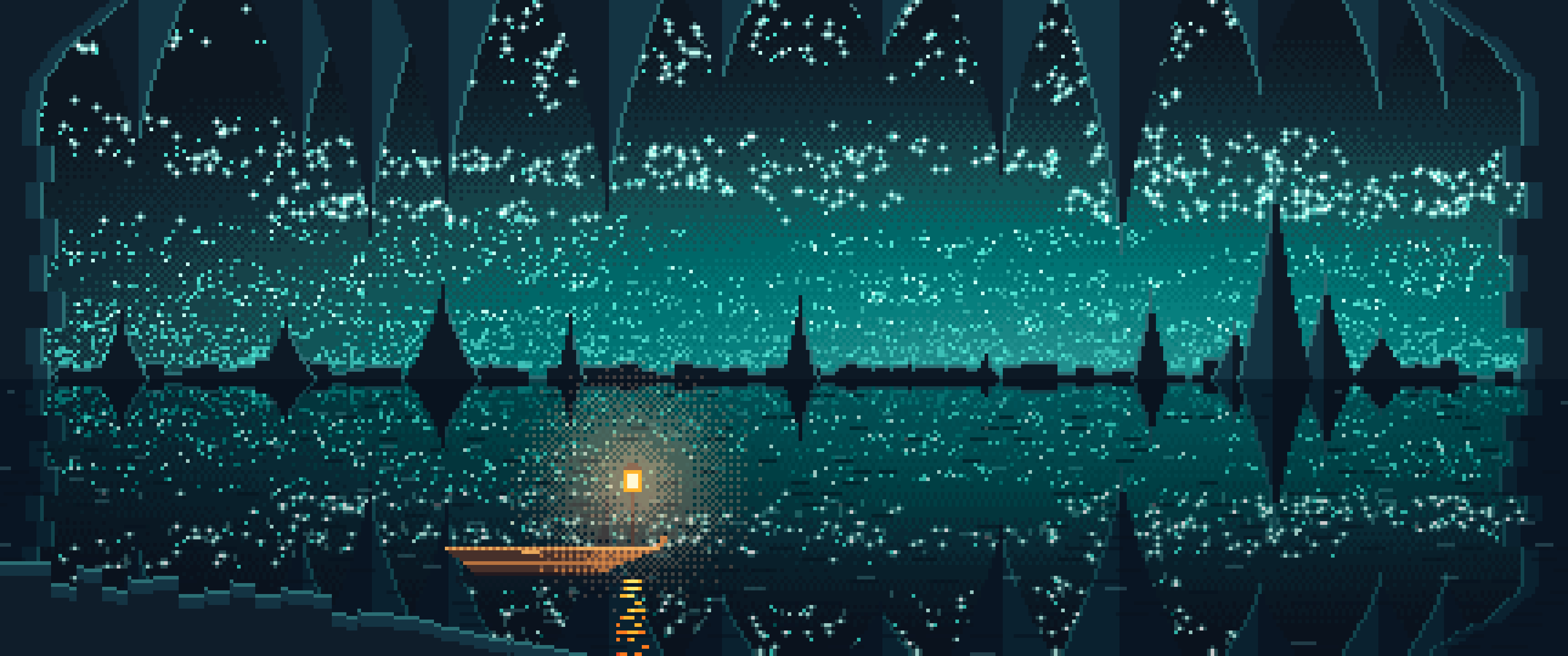 Teal Pixel Art Cave Lake ultrawide wallpaper, 3440 × 1440