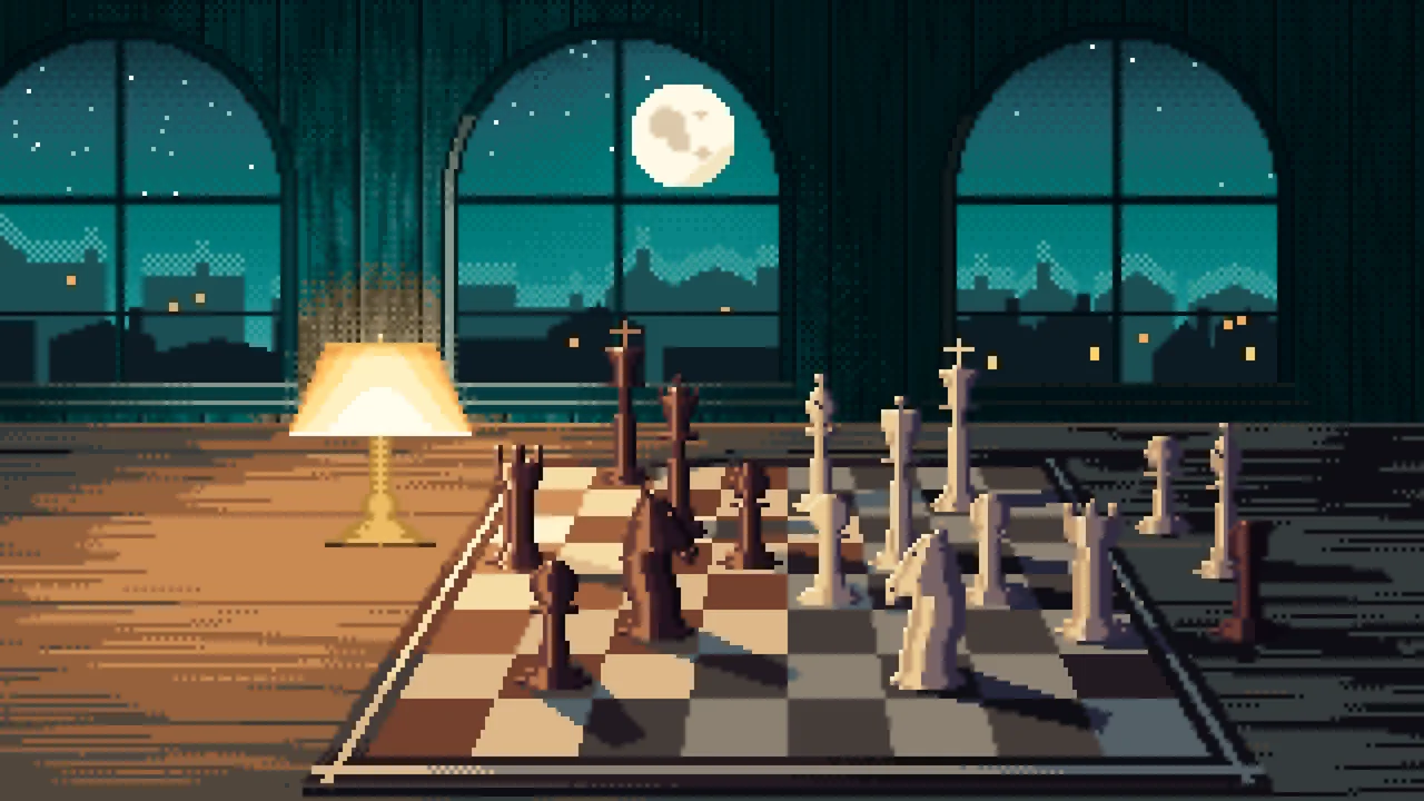 Teal Pixel Art Chess Board by a Moonlit Window desktop wallpaper in 4K