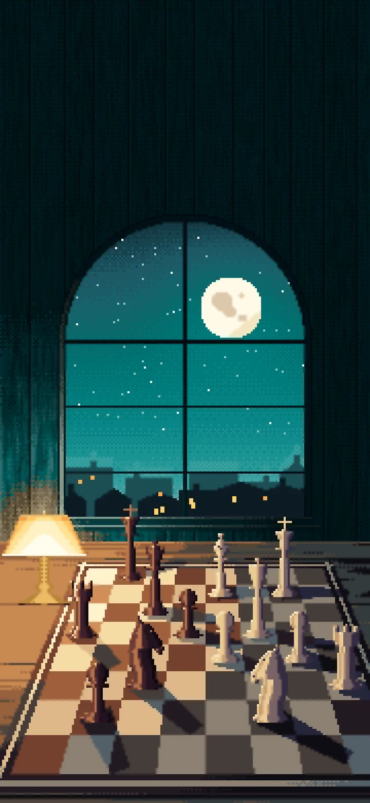 Teal Pixel Art Chess Board by a Moonlit Window wallpaper for iPhone and Android