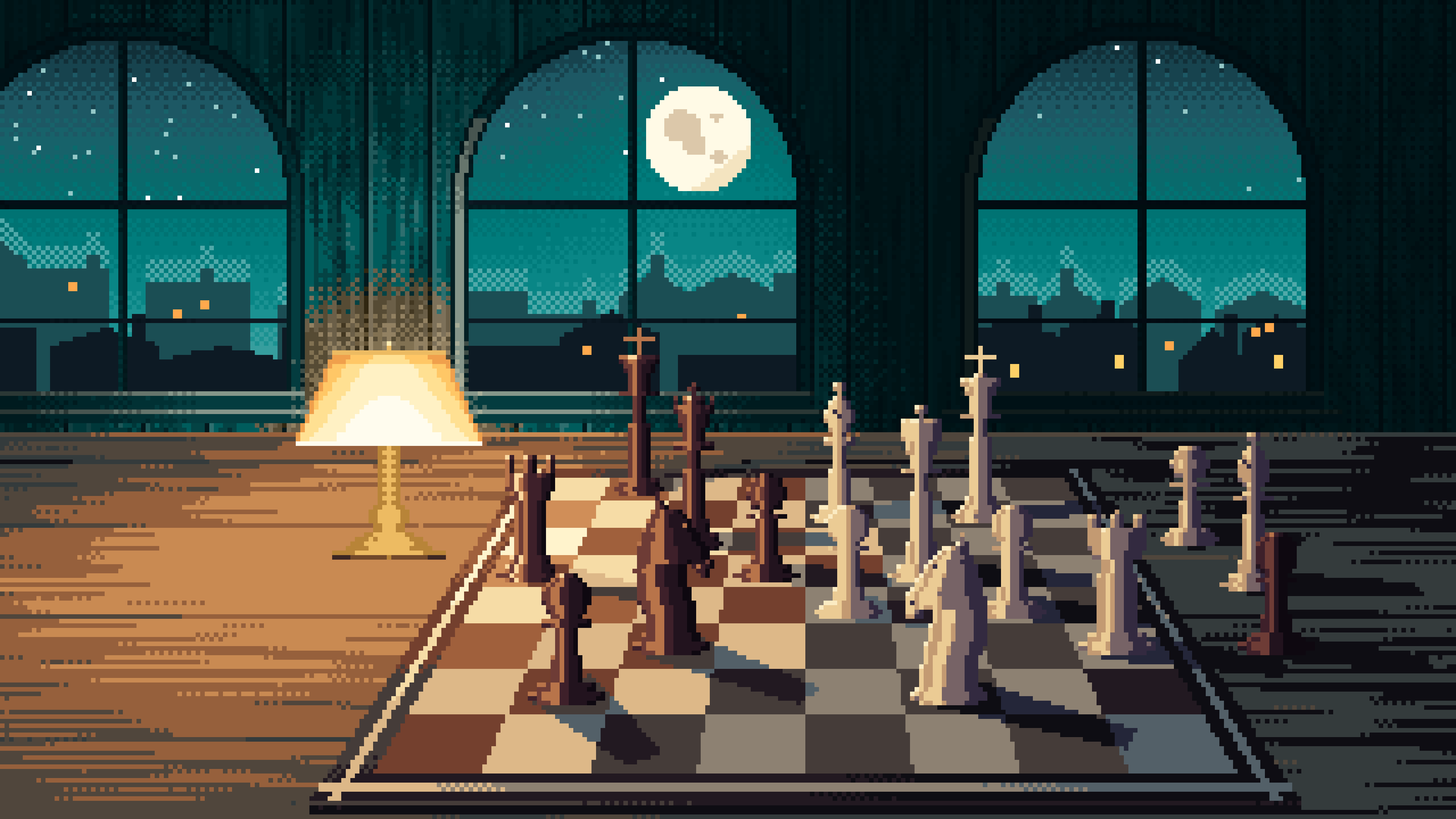 Teal Pixel Art Chess Board by a Moonlit Window desktop wallpaper in 4K