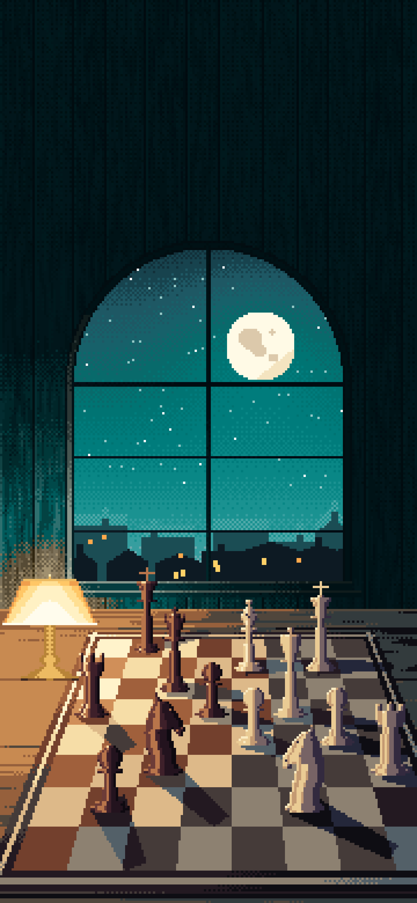 Teal Pixel Art Chess Board by a Moonlit Window wallpaper for iPhone and Android