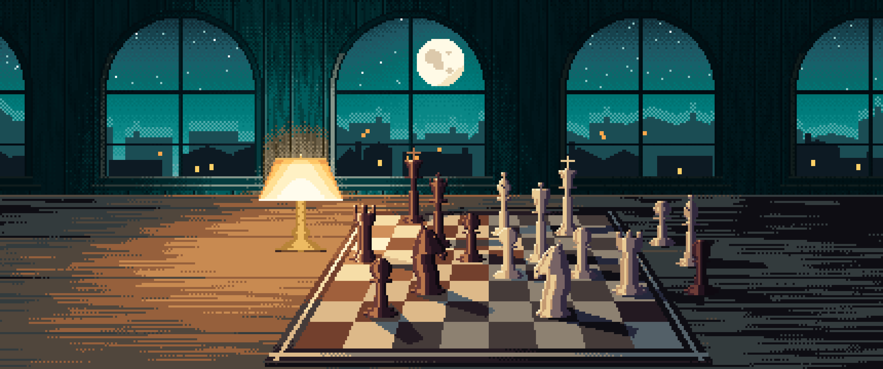 Teal Pixel Art Chess Board by a Moonlit Window ultrawide wallpaper, 3440 × 1440