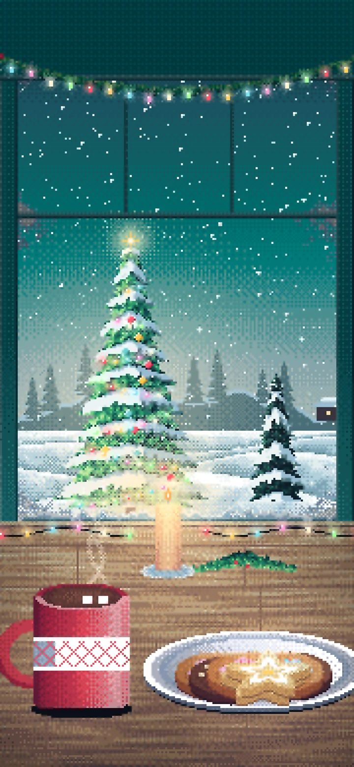 Teal Pixel Art Christmas Cookies by a Snowy Window wallpaper for iPhone and Android
