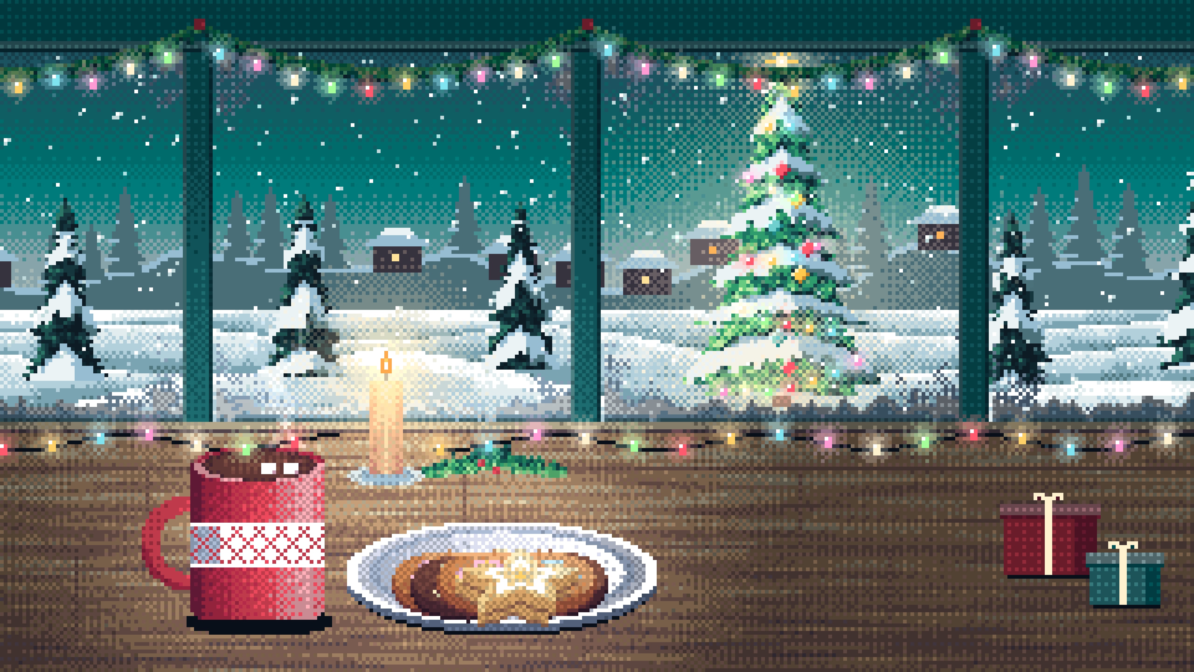 Teal Pixel Art Christmas Cookies by a Snowy Window desktop wallpaper in 4K
