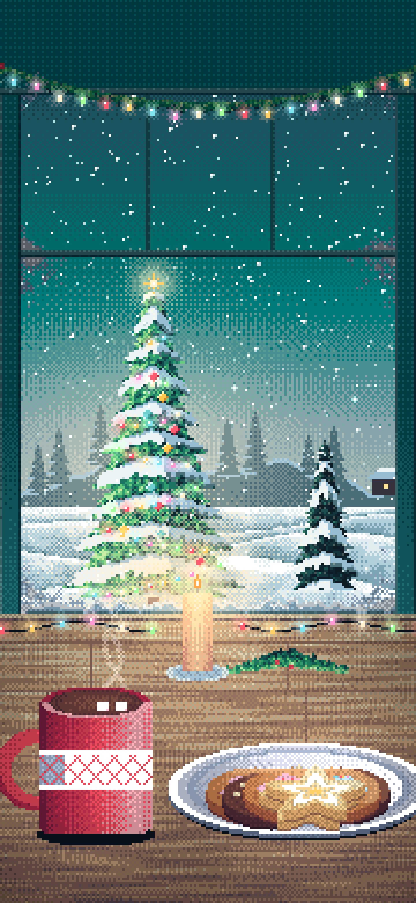 Teal Pixel Art Christmas Cookies by a Snowy Window wallpaper for iPhone and Android