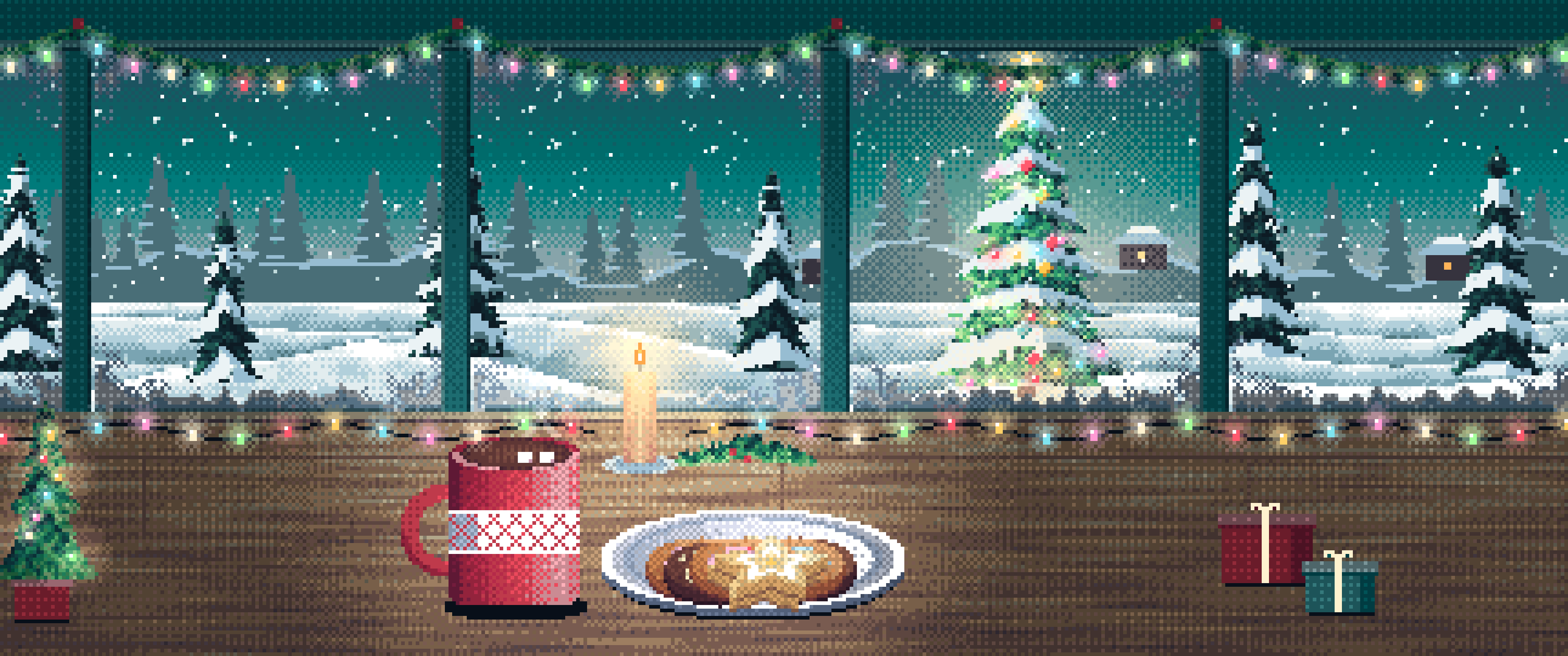 Teal Pixel Art Christmas Cookies by a Snowy Window ultrawide wallpaper, 3440 × 1440