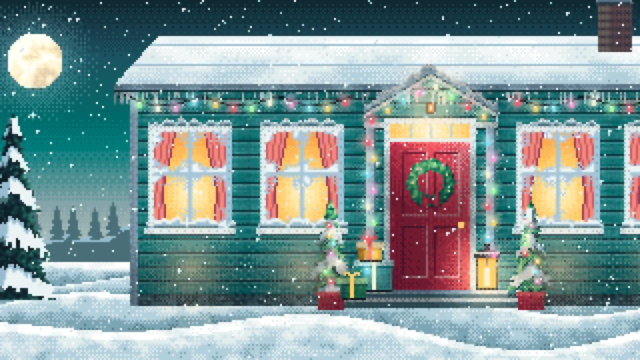 Teal Pixel Art Christmas Front Door at Night desktop wallpaper in 4K