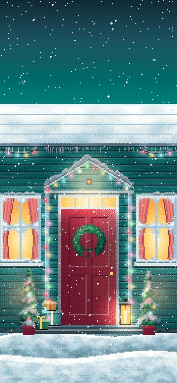 Teal Pixel Art Christmas Front Door at Night wallpaper for iPhone and Android