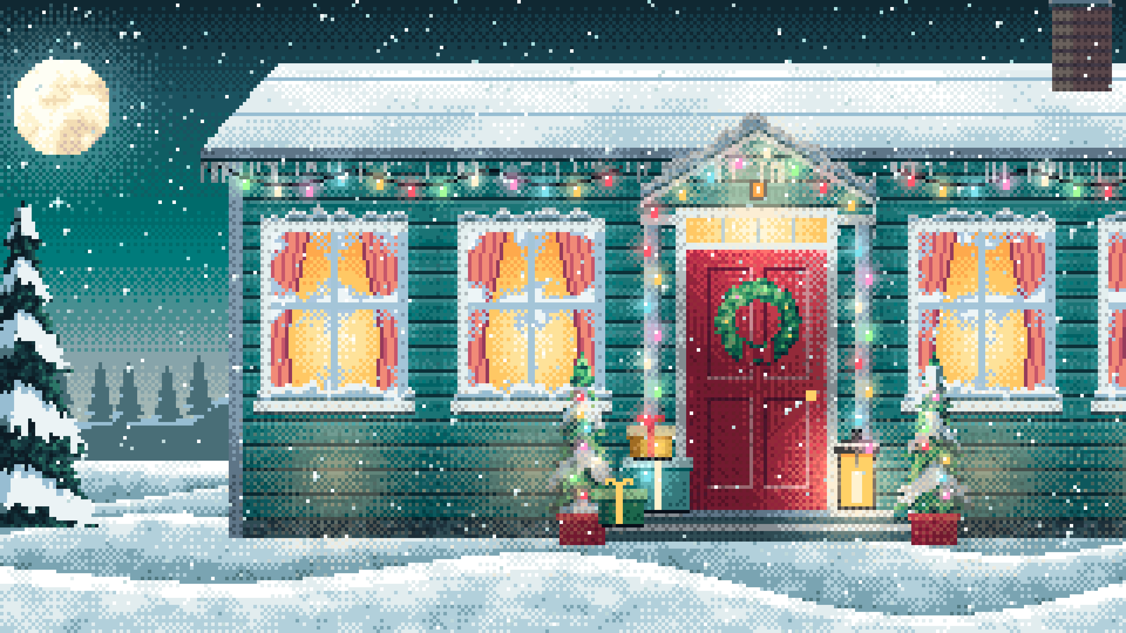 Teal Pixel Art Christmas Front Door at Night desktop wallpaper in 4K