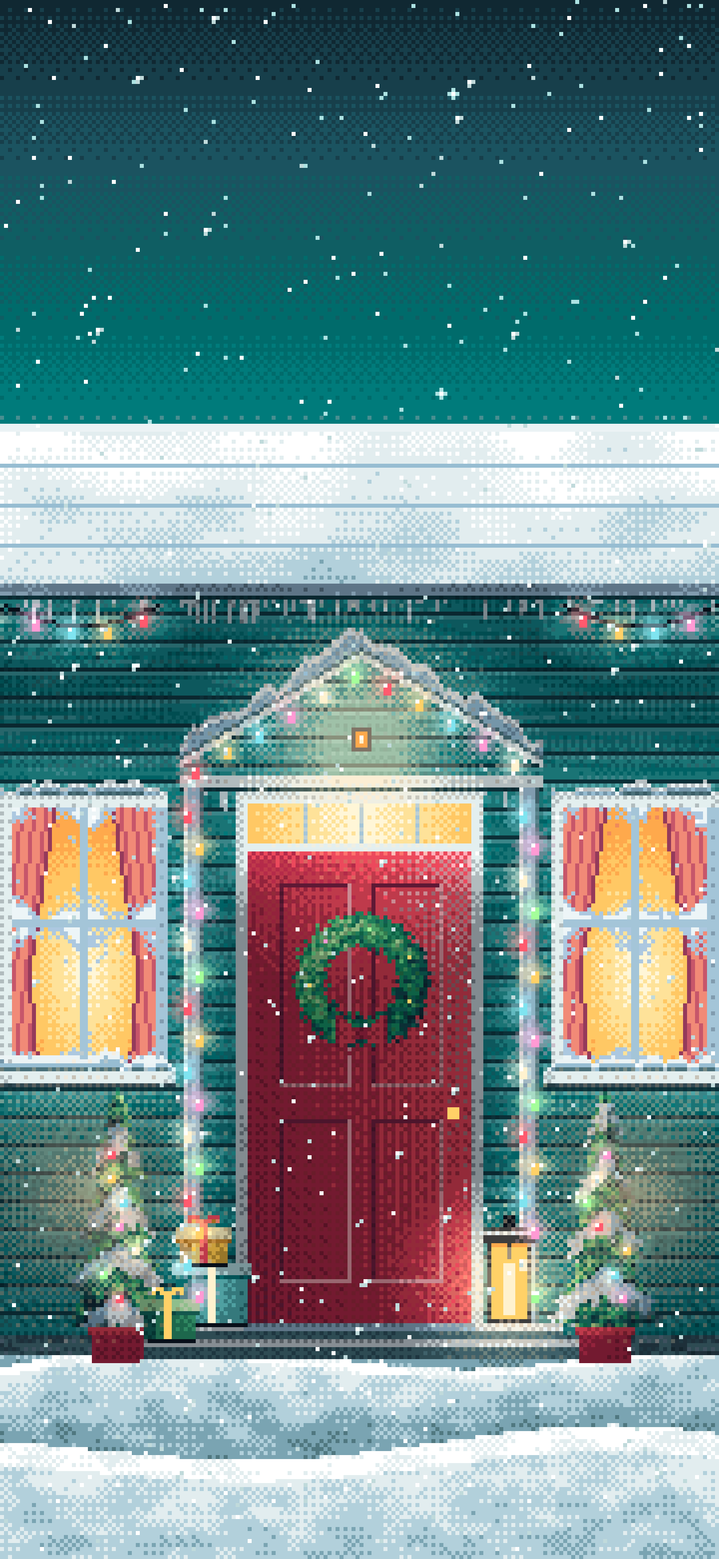Teal Pixel Art Christmas Front Door at Night wallpaper for iPhone and Android