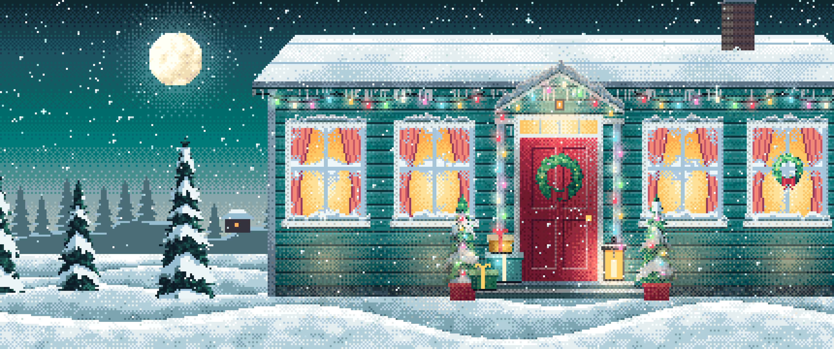 Teal Pixel Art Christmas Front Door at Night ultrawide wallpaper, 3440 × 1440