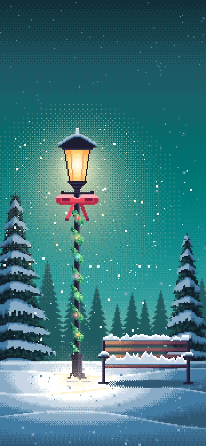 Teal Pixel Art Christmas Lamp Post in the Snow wallpaper for iPhone and Android