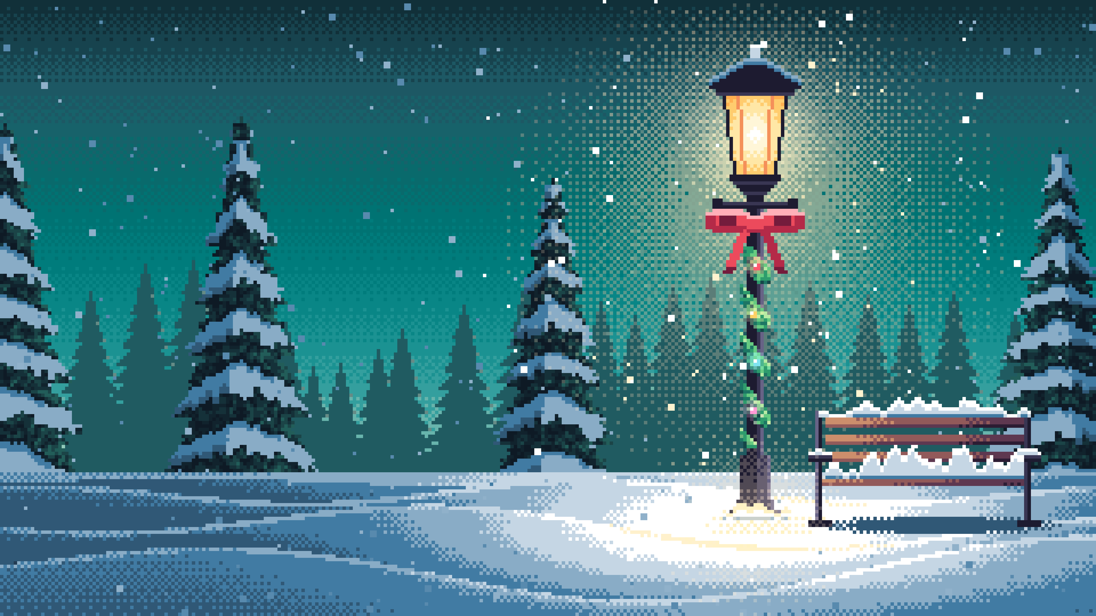 Teal Pixel Art Christmas Lamp Post in the Snow desktop wallpaper in 4K