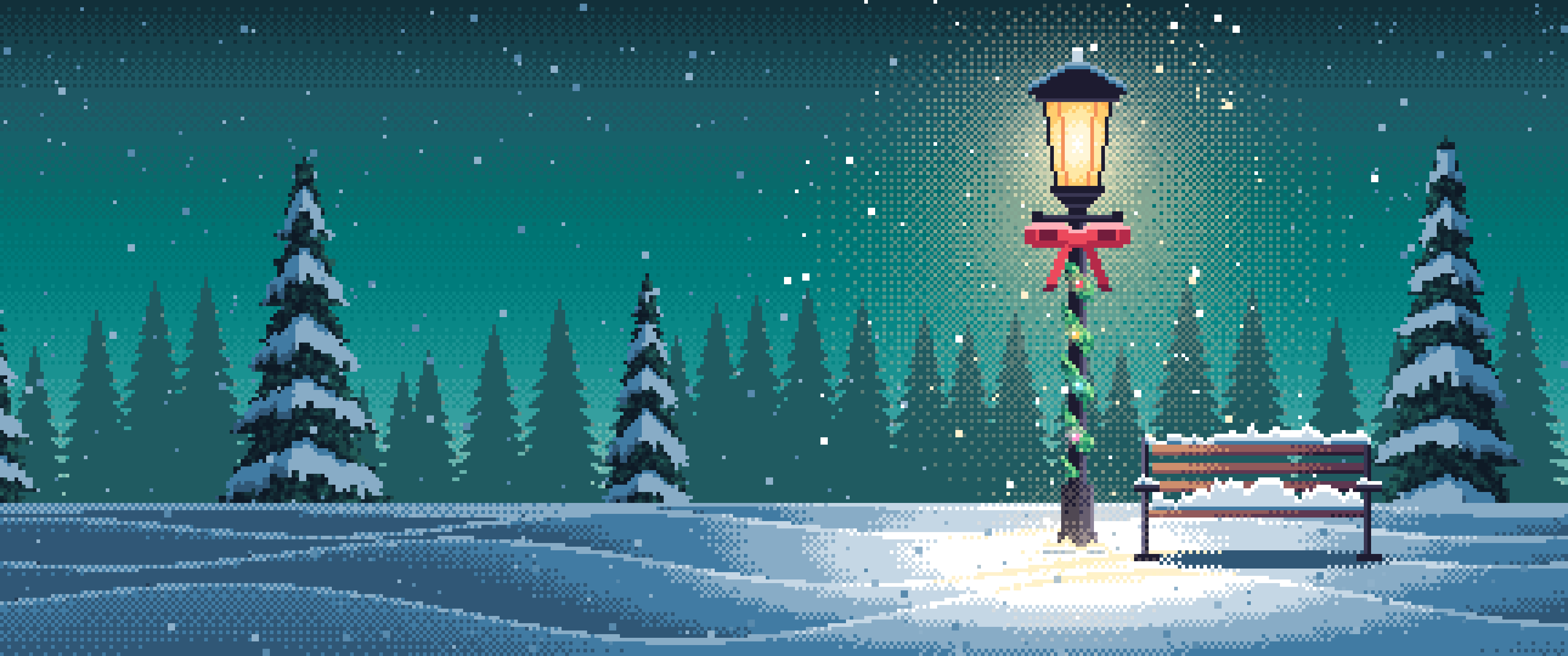 Teal Pixel Art Christmas Lamp Post in the Snow ultrawide wallpaper, 3440 × 1440