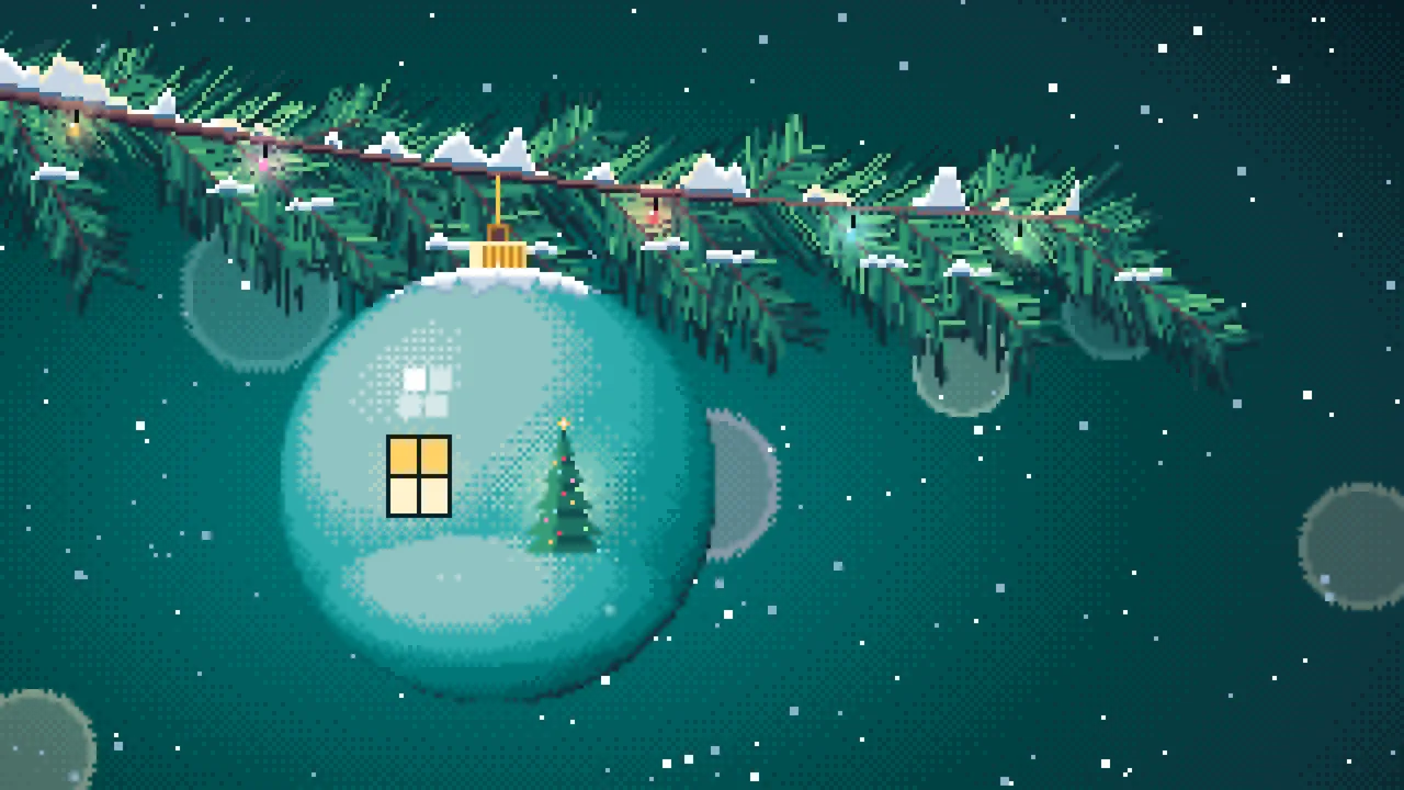 Teal Pixel Art Christmas Ornament on a Snowy Branch desktop wallpaper in 4K