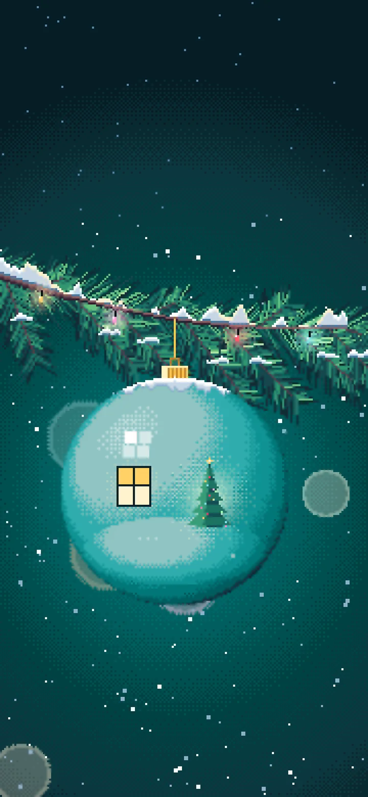 Teal Pixel Art Christmas Ornament on a Snowy Branch wallpaper for iPhone and Android