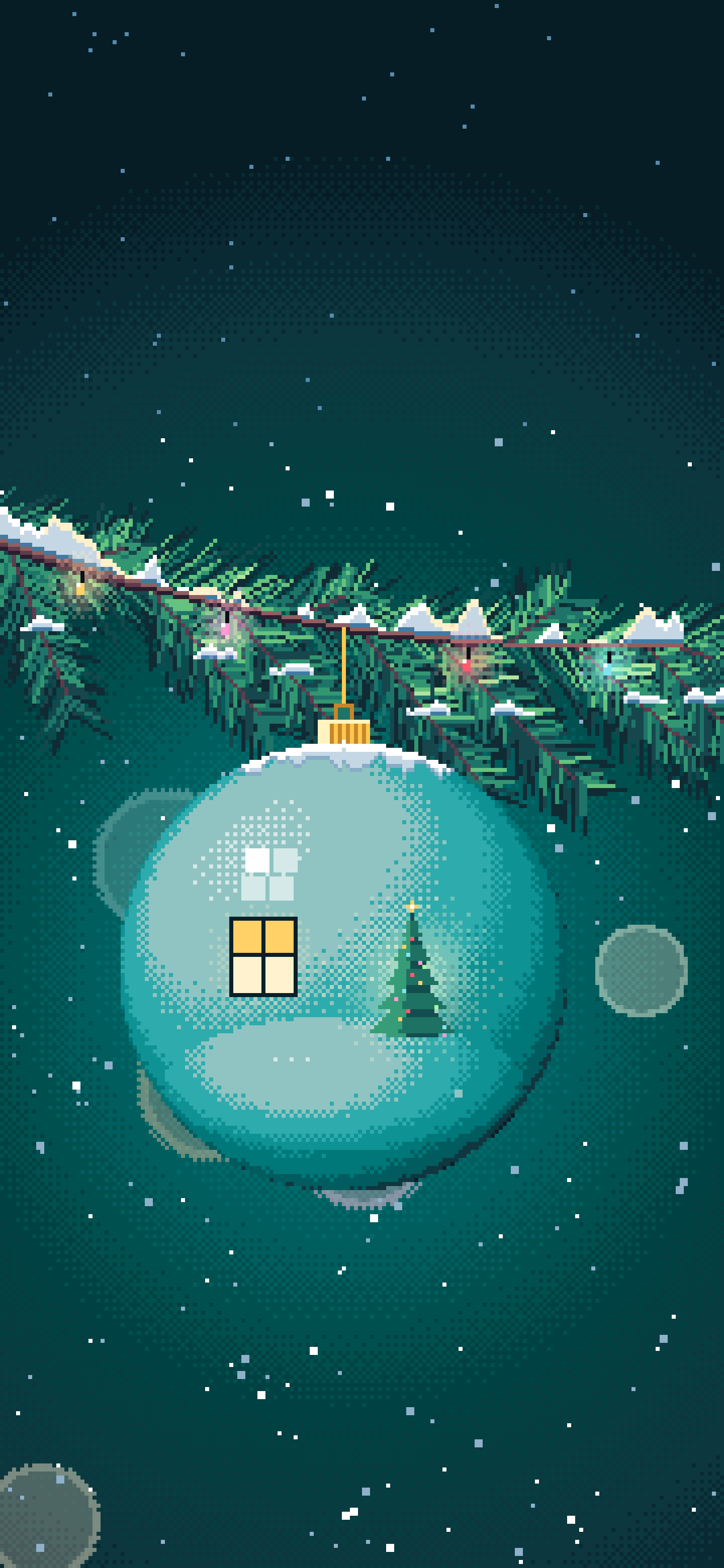 Teal Pixel Art Christmas Ornament on a Snowy Branch wallpaper for iPhone and Android