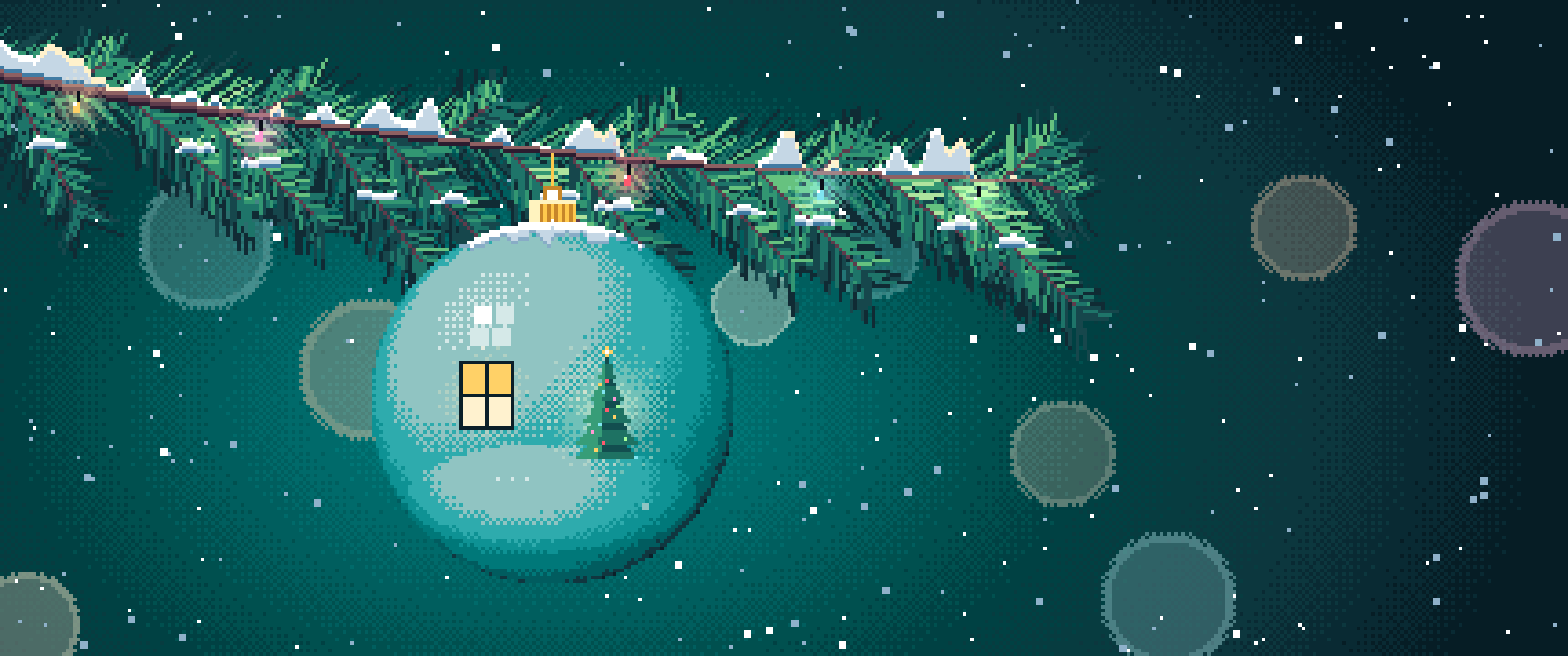 Teal Pixel Art Christmas Ornament on a Snowy Branch ultrawide wallpaper, 3440 × 1440