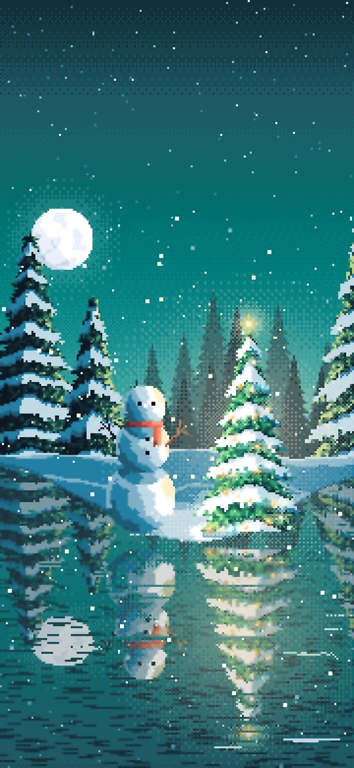 Teal Pixel Art Christmas Snowman by a Frozen Pond wallpaper for iPhone and Android