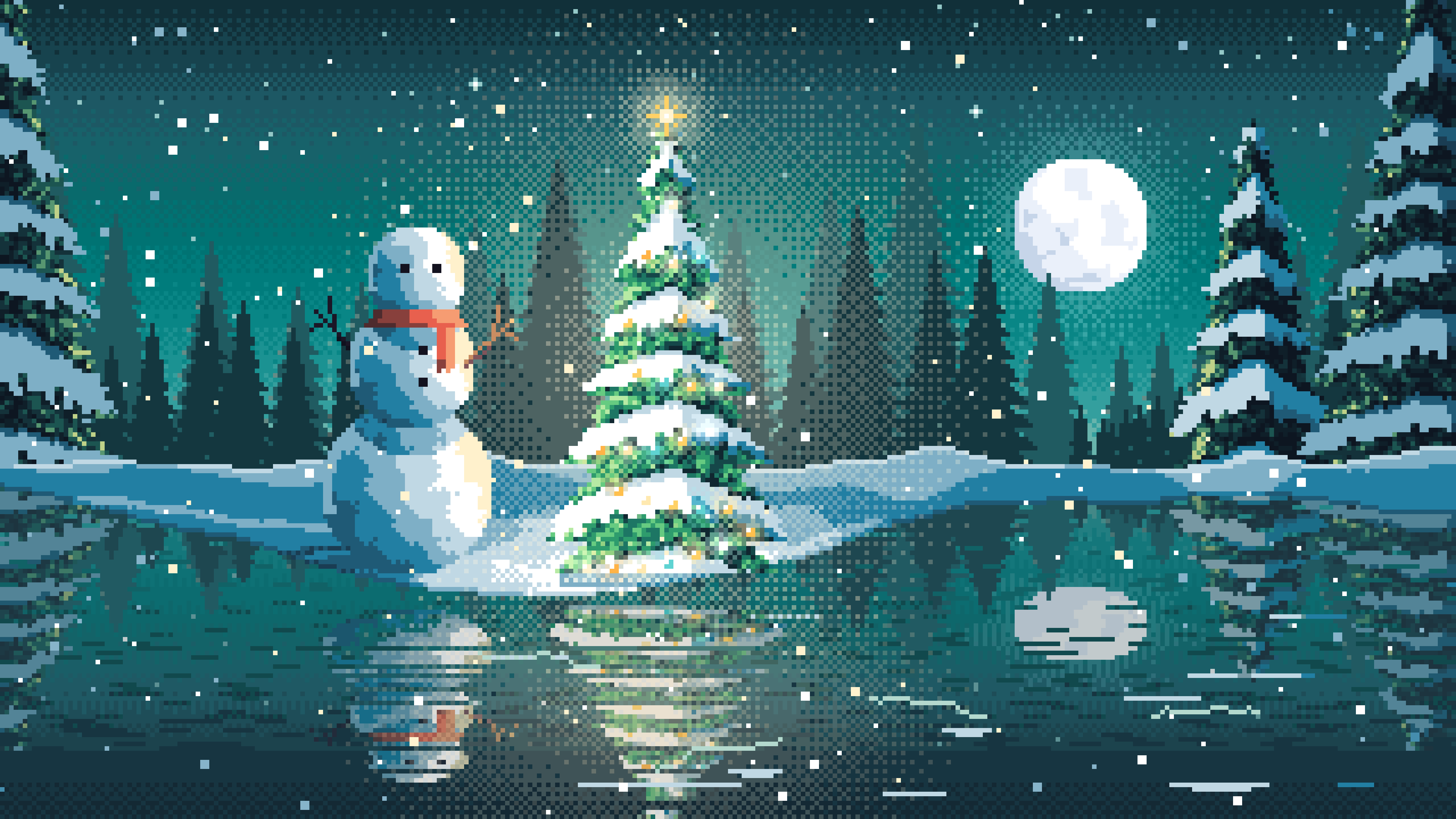 Teal Pixel Art Christmas Snowman by a Frozen Pond desktop wallpaper in 4K