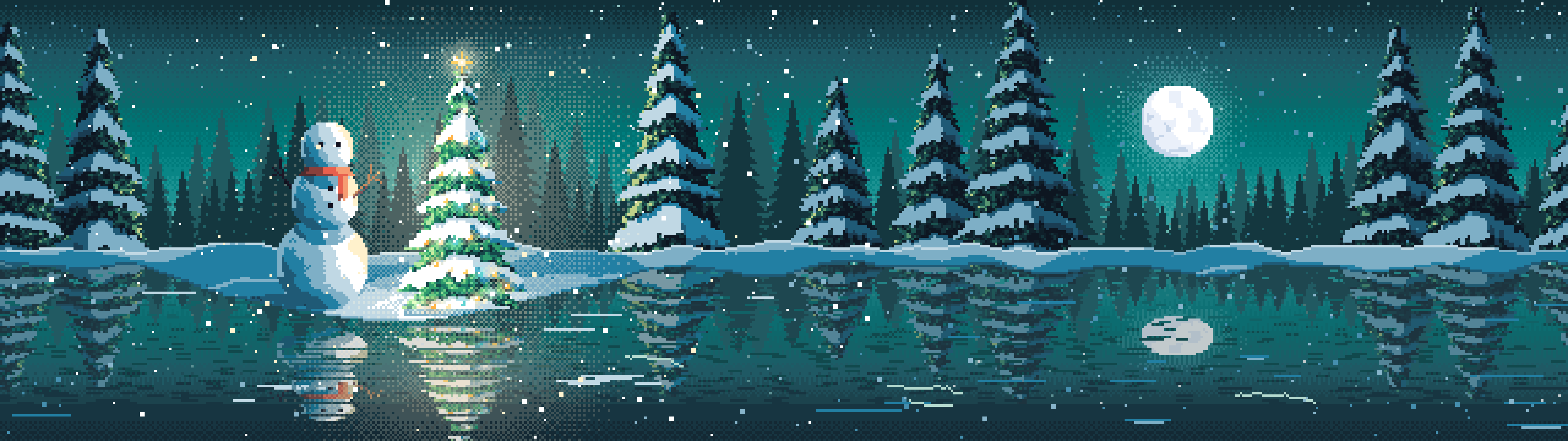 Teal Pixel Art Christmas Snowman by a Frozen Pond dual monitor wallpaper, 7680 × 2160