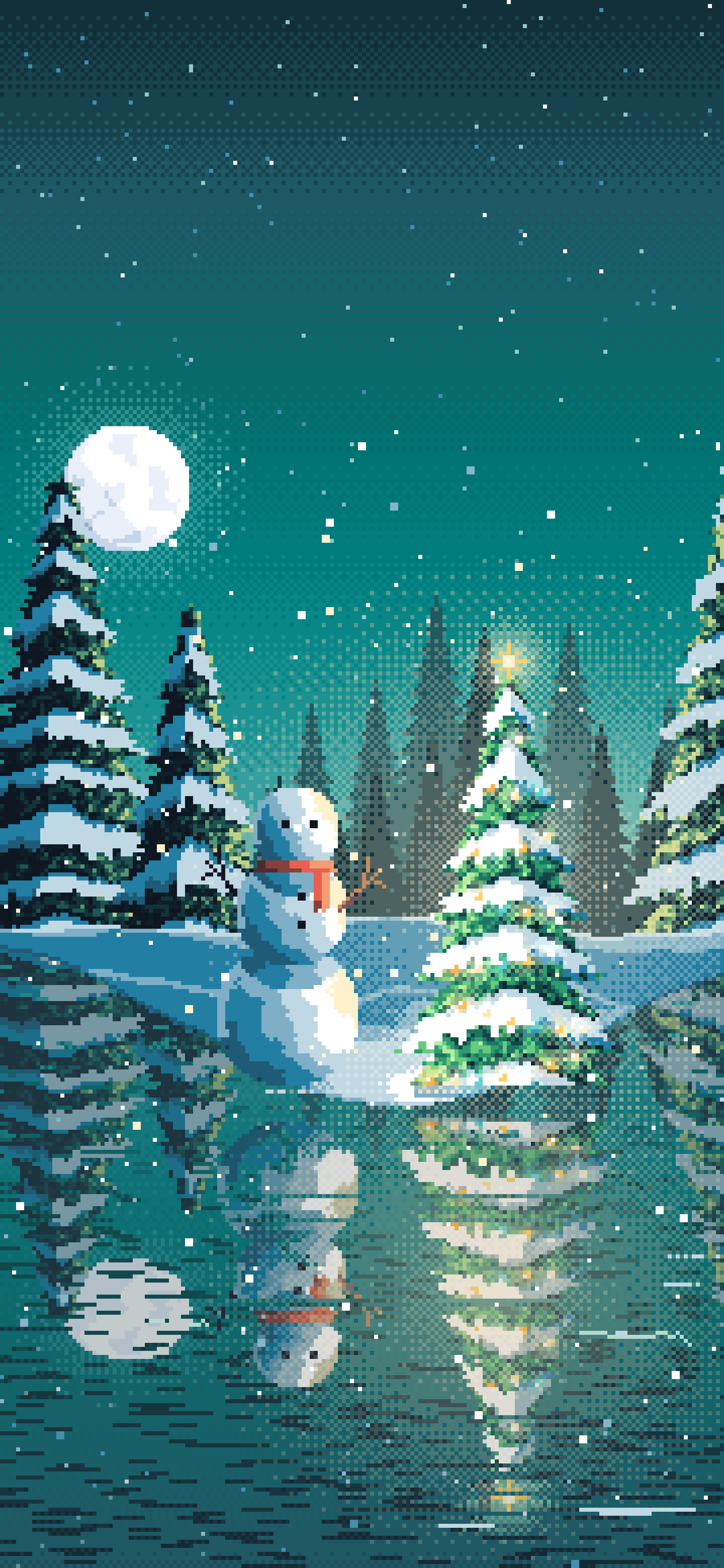 Teal Pixel Art Christmas Snowman by a Frozen Pond wallpaper for iPhone and Android