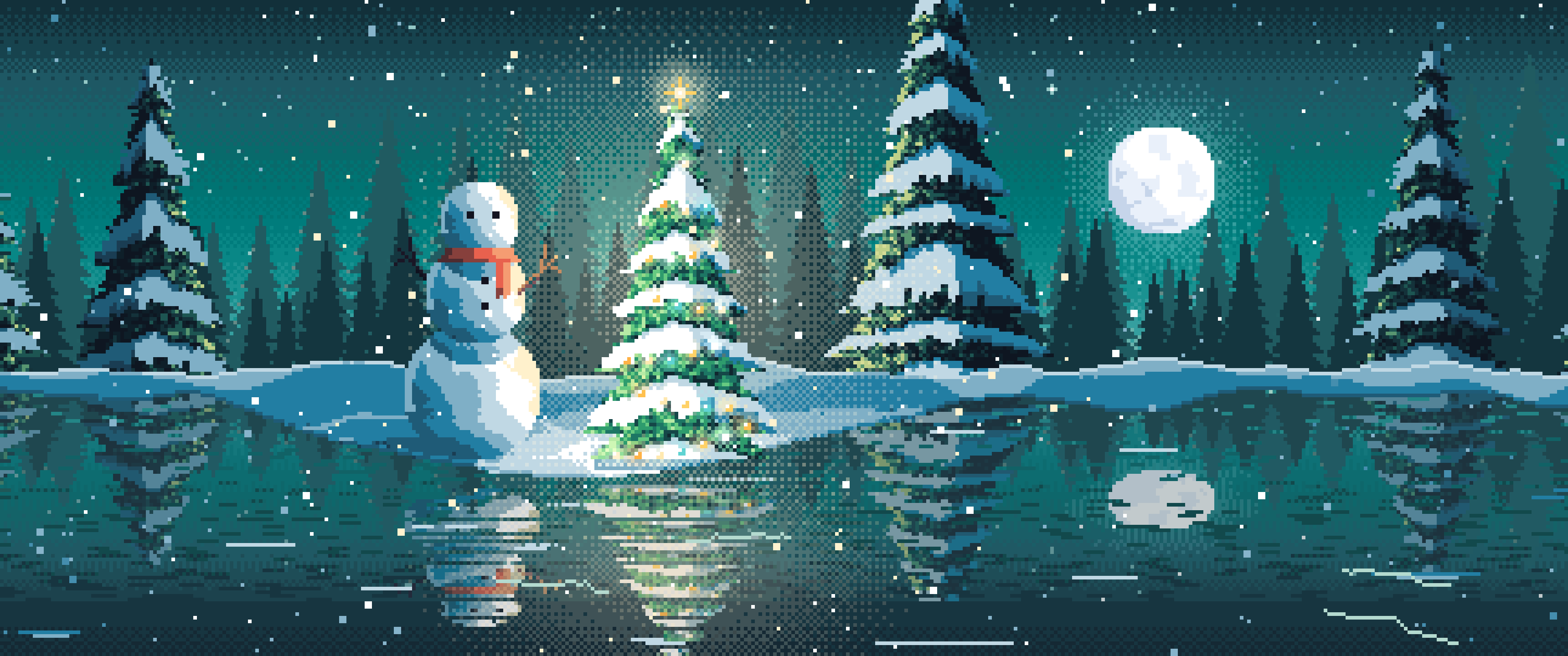 Teal Pixel Art Christmas Snowman by a Frozen Pond ultrawide wallpaper, 3440 × 1440