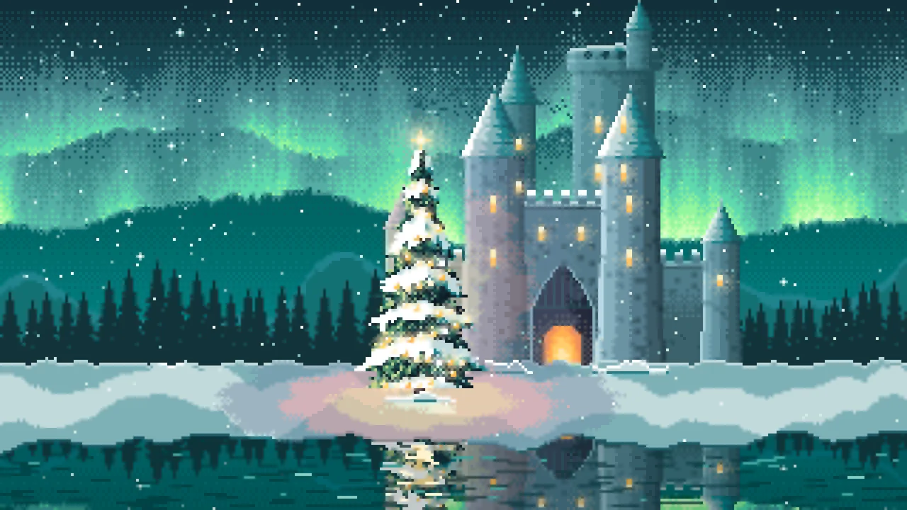 Teal Pixel Art Christmas Tree at a Fantasy Castle Gate desktop wallpaper in 4K